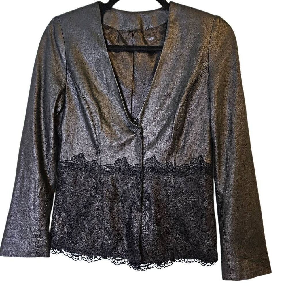 Elie Tahari black leather pedlum jacket with lace trim. XS. #899